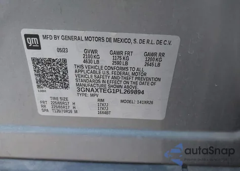 2023 Chevrolet Equinox Awd 2Fl из США, поврежденный, VIN 3GNAXTEG1PL269894